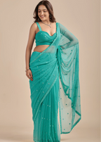 Sea Green Chiffon Saree With Floral Embroidery