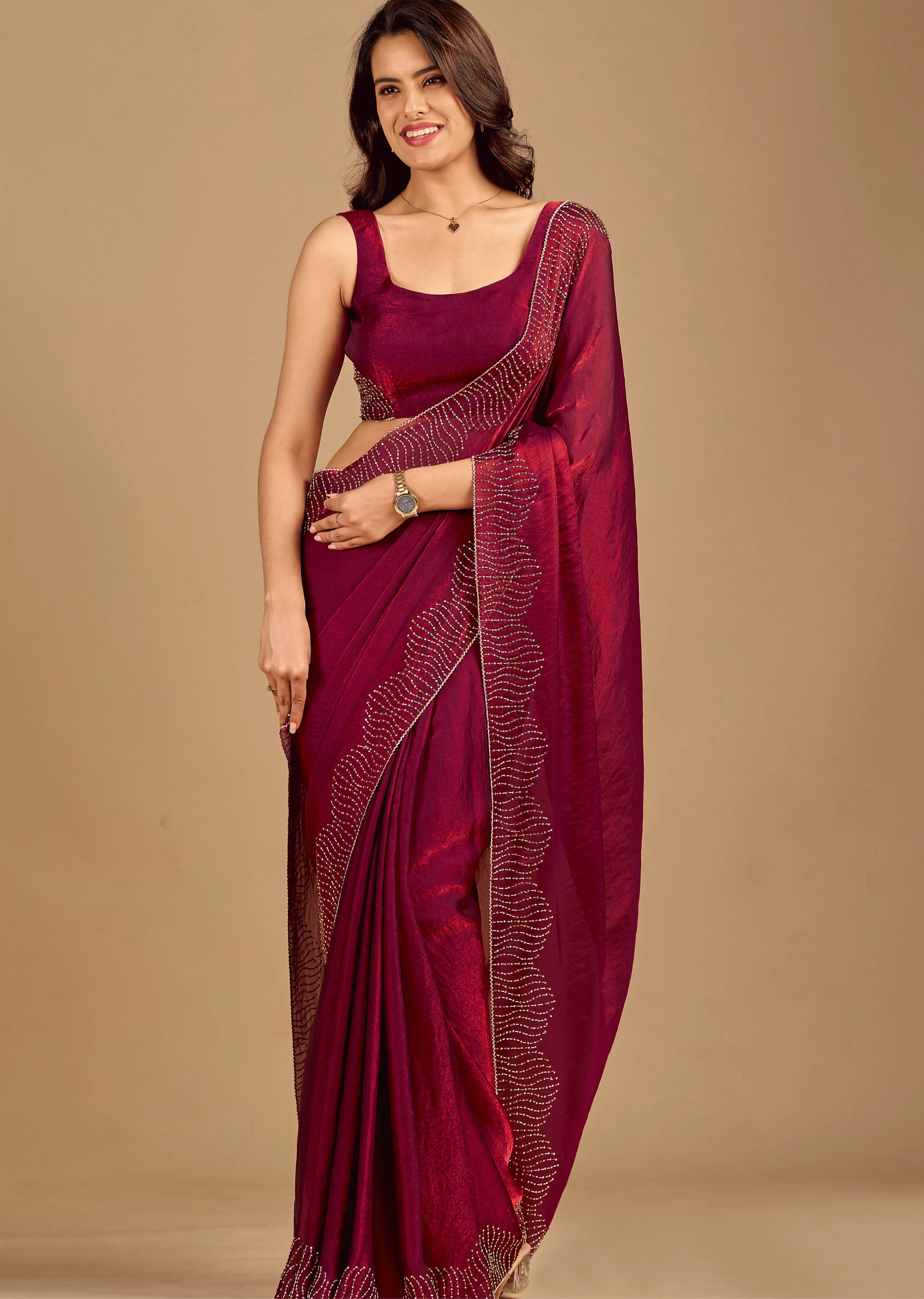 Wine Tissue Silk Saree Side Pose - Wedding Wear Saree