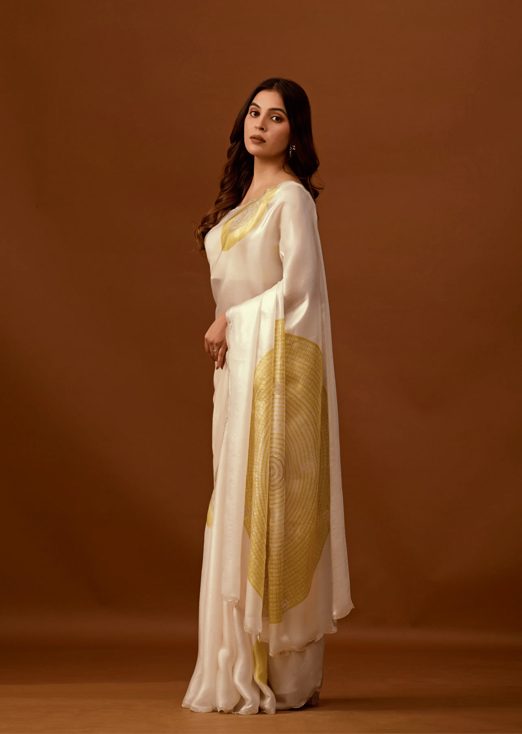 Ivory Organza Silk Saree Close Up Pose - Festive Wear Saree