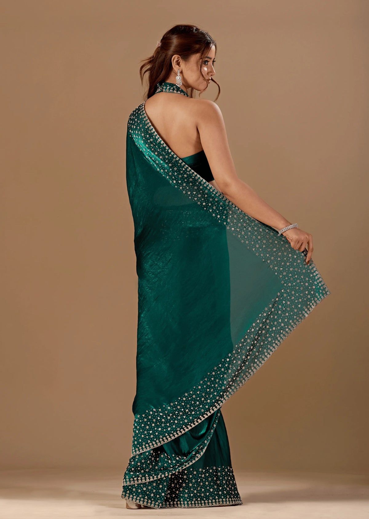 Bottle Green Tissue Silk Saree Back Pose - Stone Work Detail
