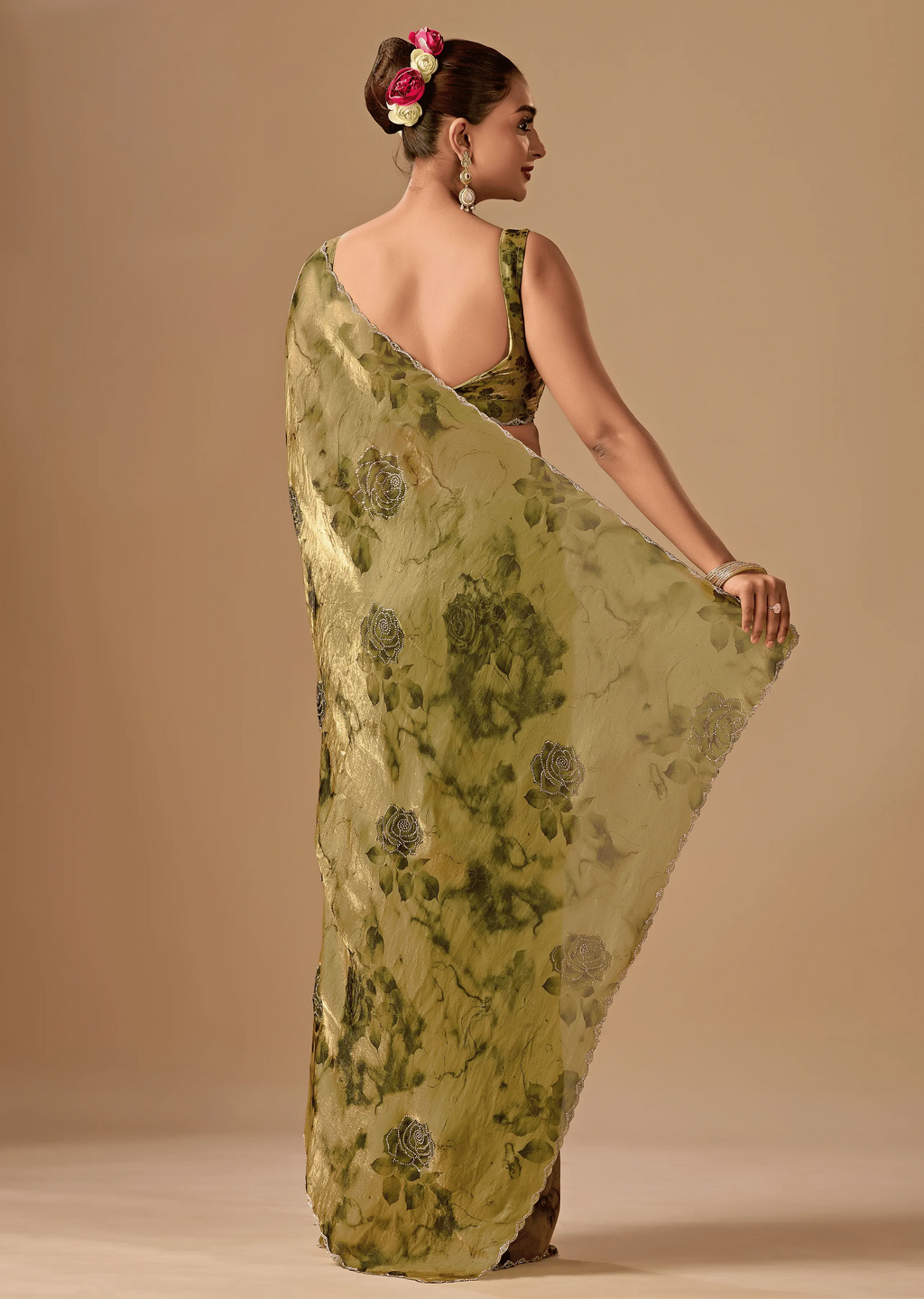 Olive Green Organza Silk Saree Back Pose - Stone Work Detail