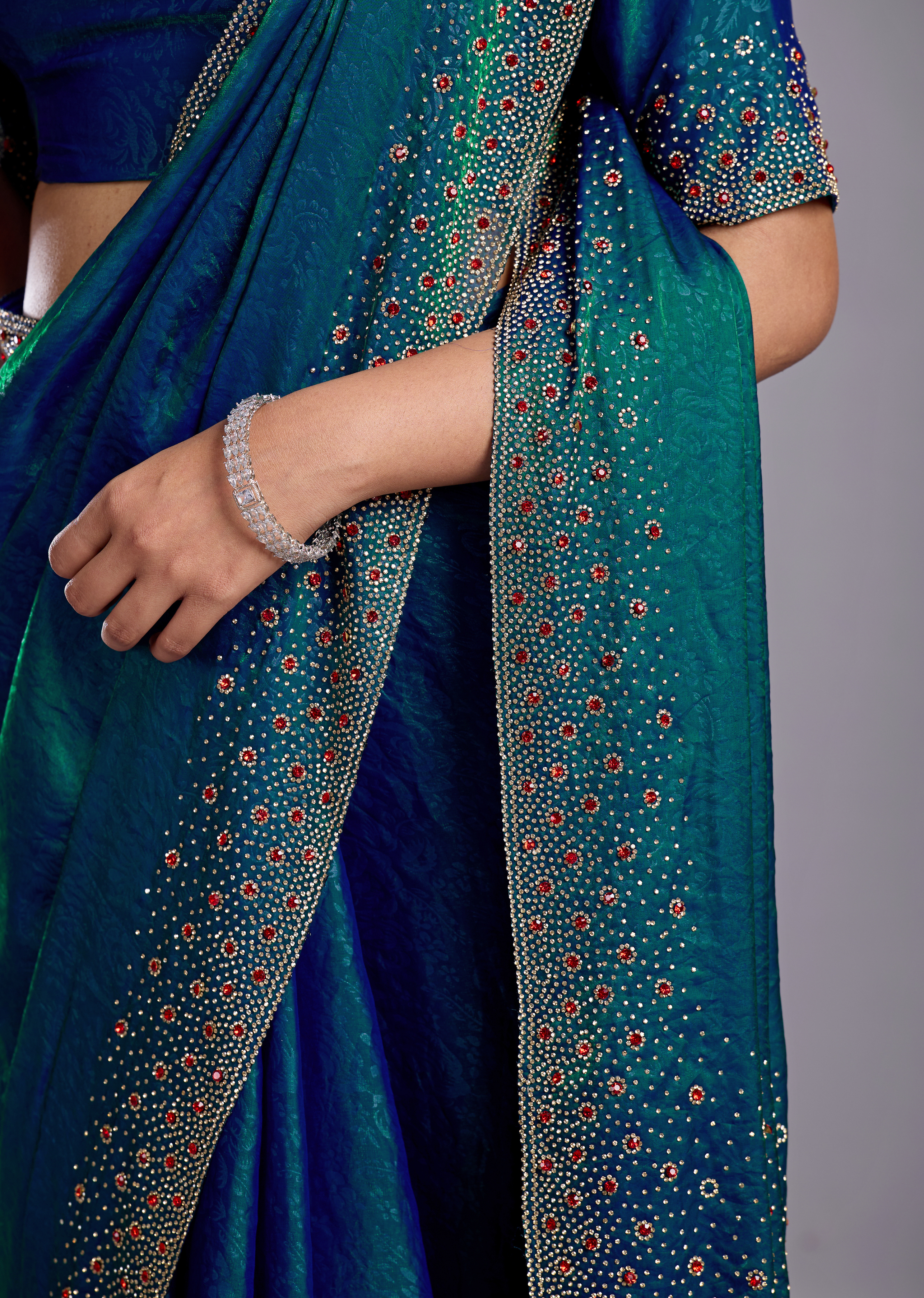 Green Tissue Silk Saree With Crystal Stone Work