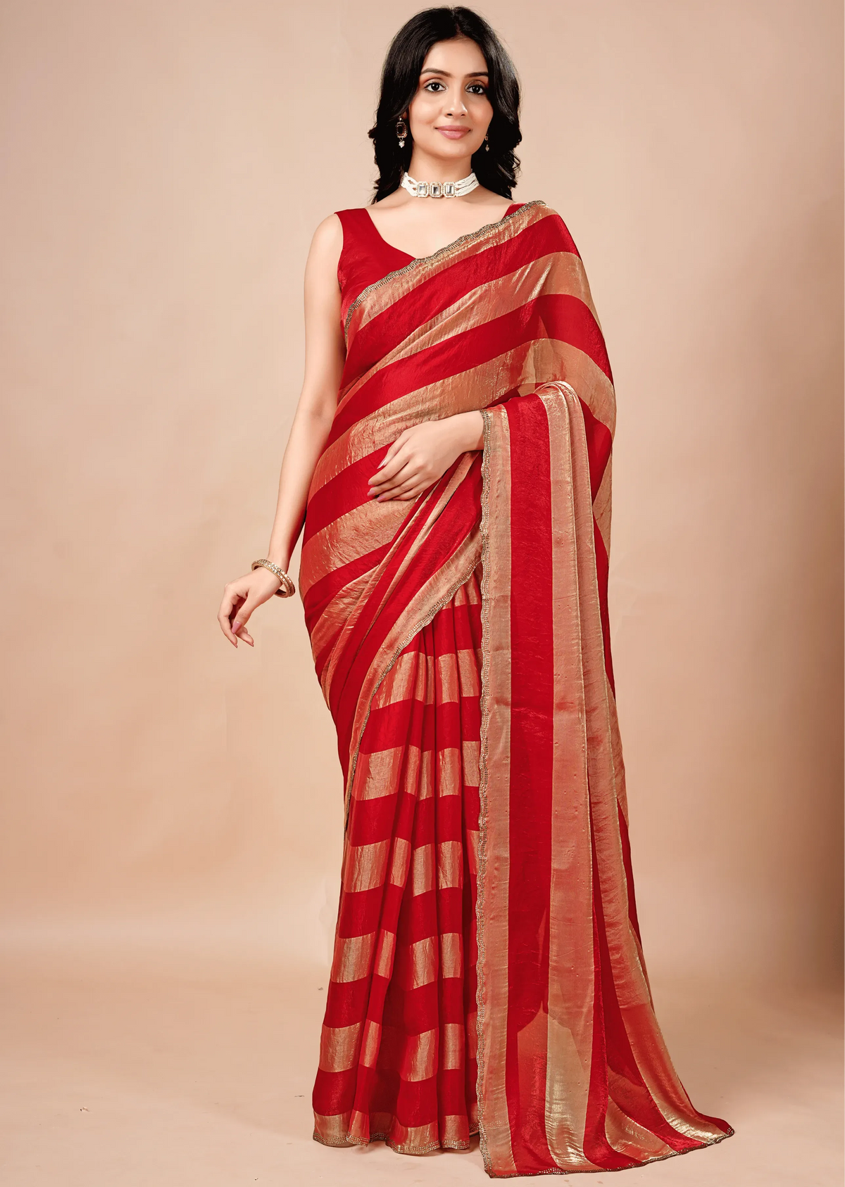 Crimson Red Tissue Silk Saree With Metallic Stripe Work