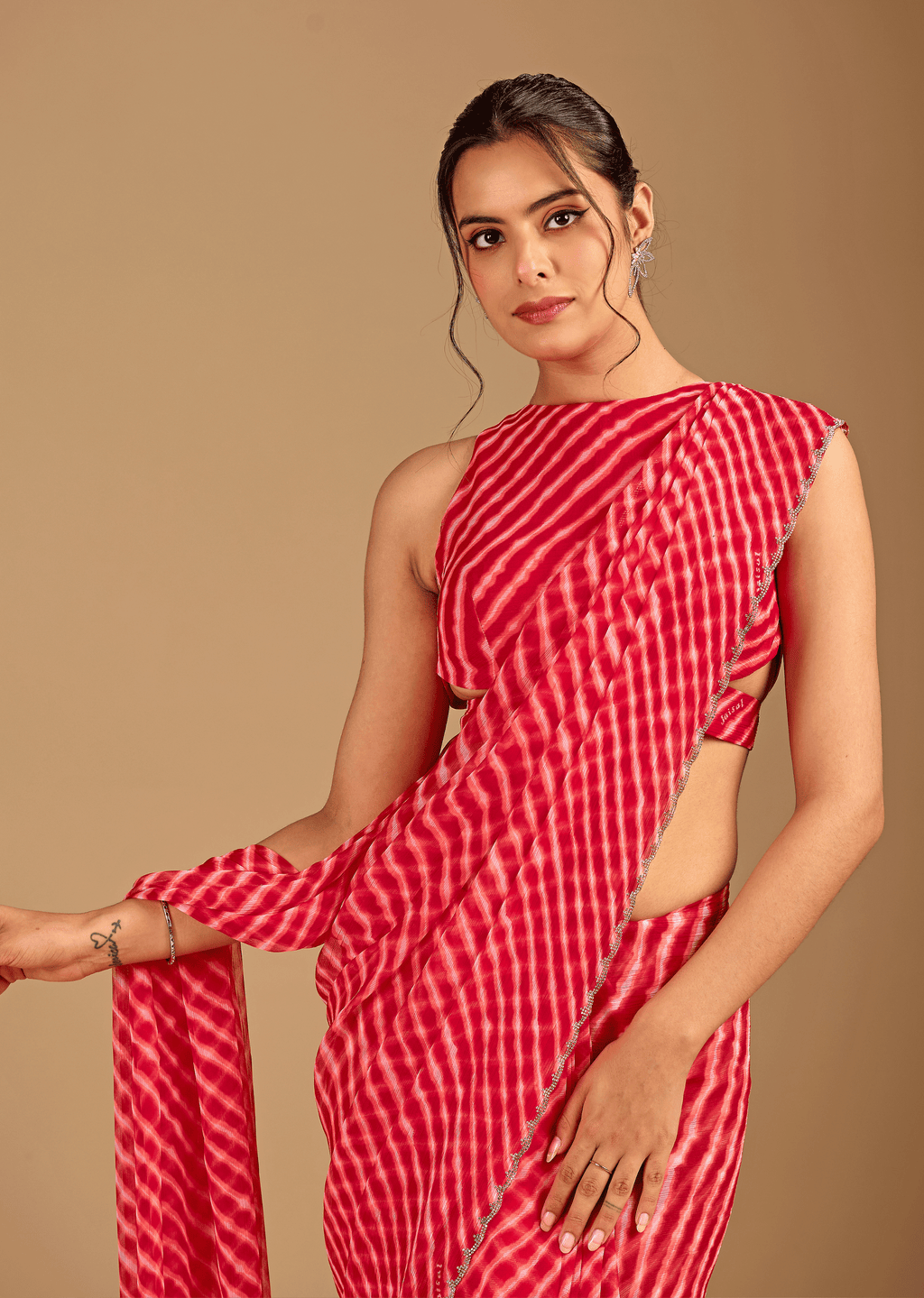 Coral Red Chiffon Saree With Stone Work