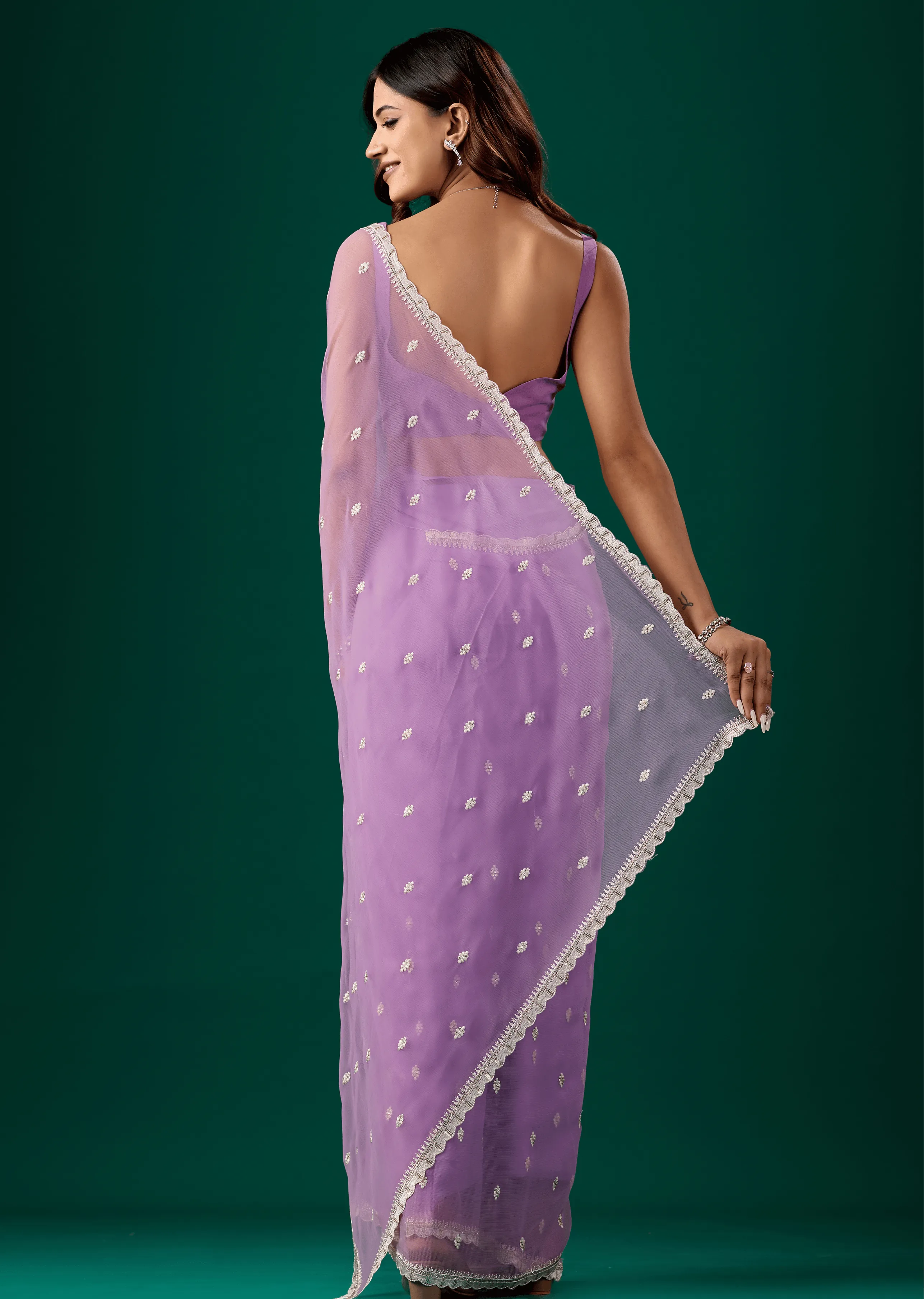 Lavender Chiffon Saree Draped Look - Floral Embroidery Detail
