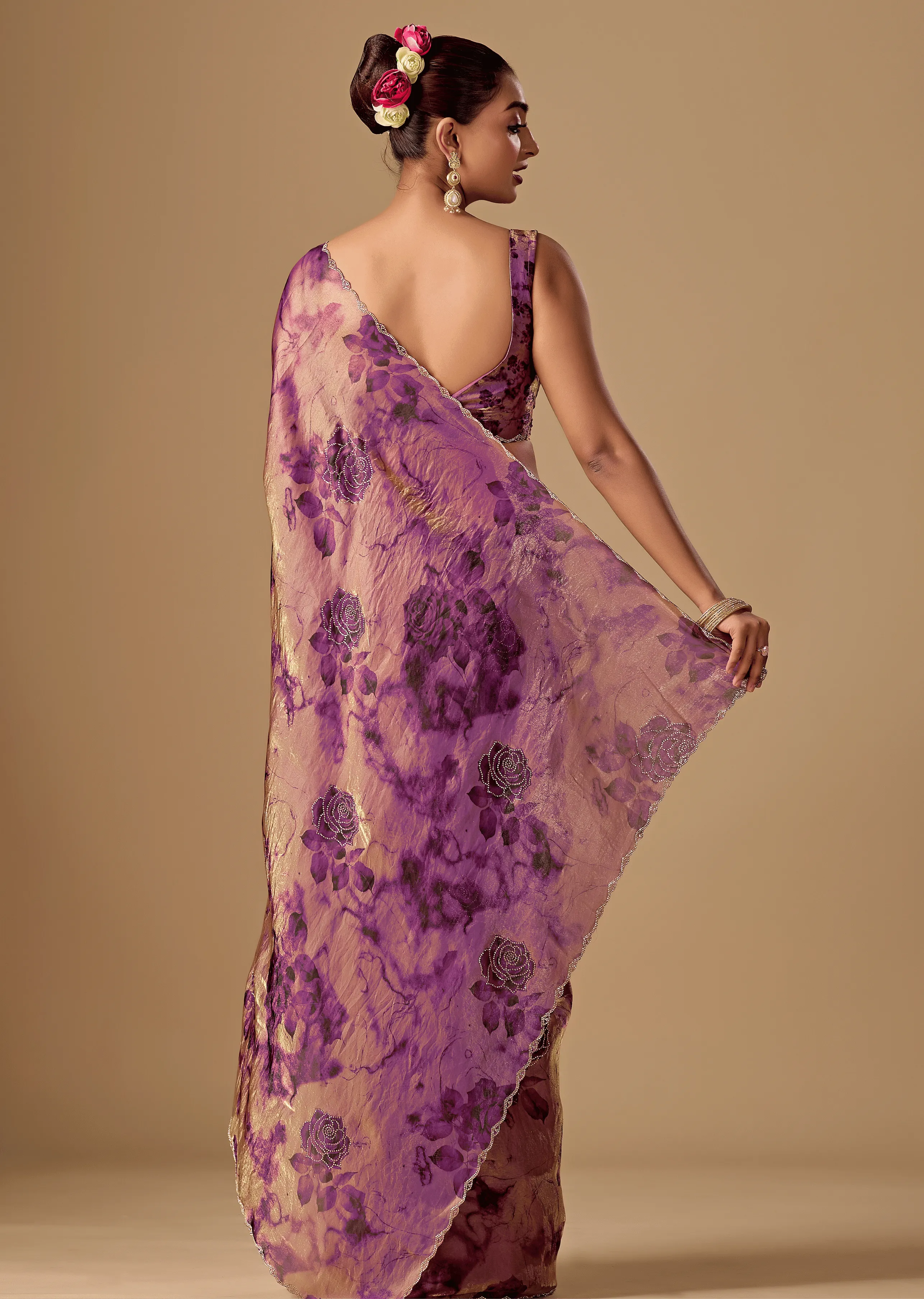 Lavender Organza Silk Saree Back Pose - Stone Work Detail
