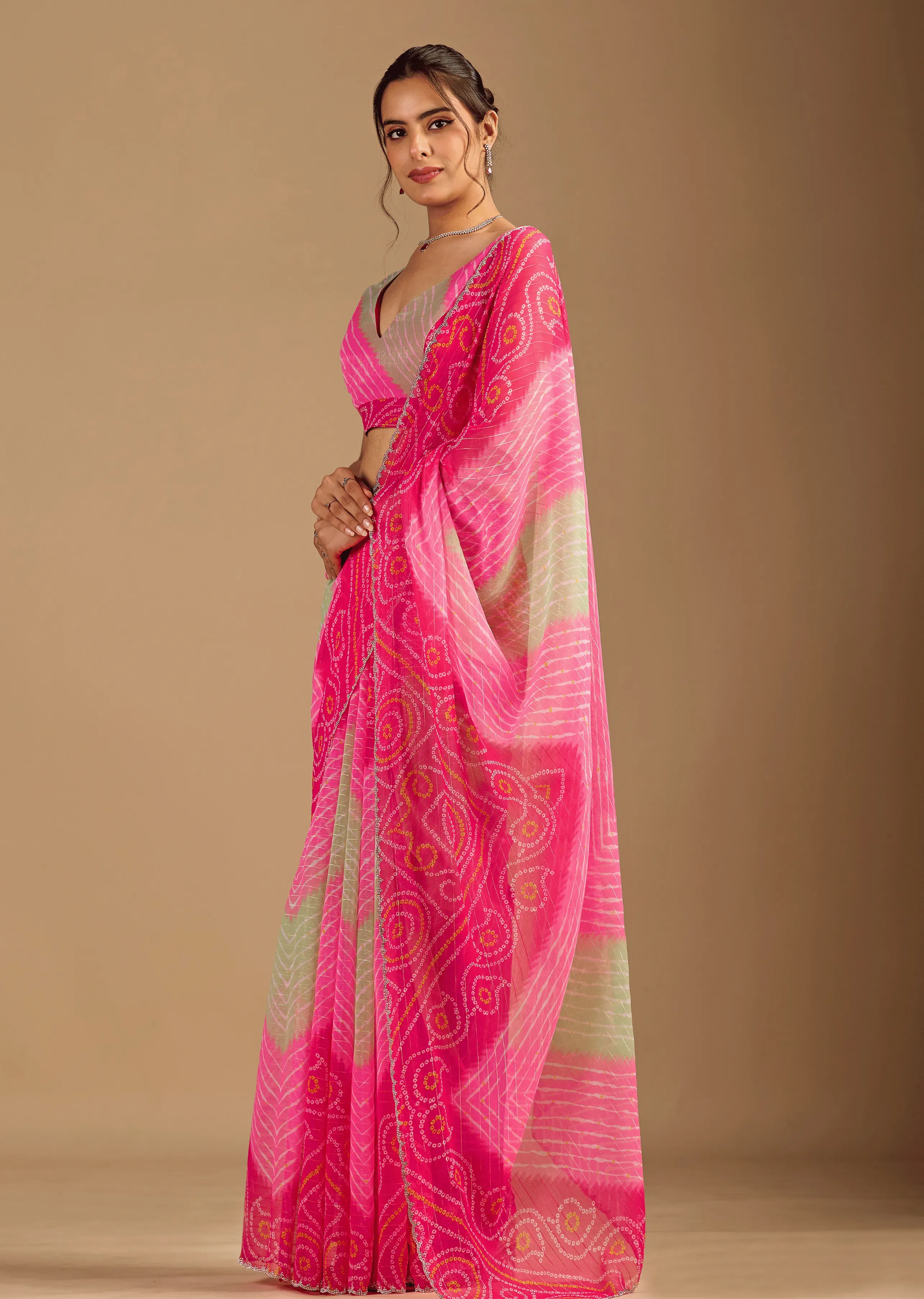  Red Chiffon Saree Side Pose - Bandhani Print Design
