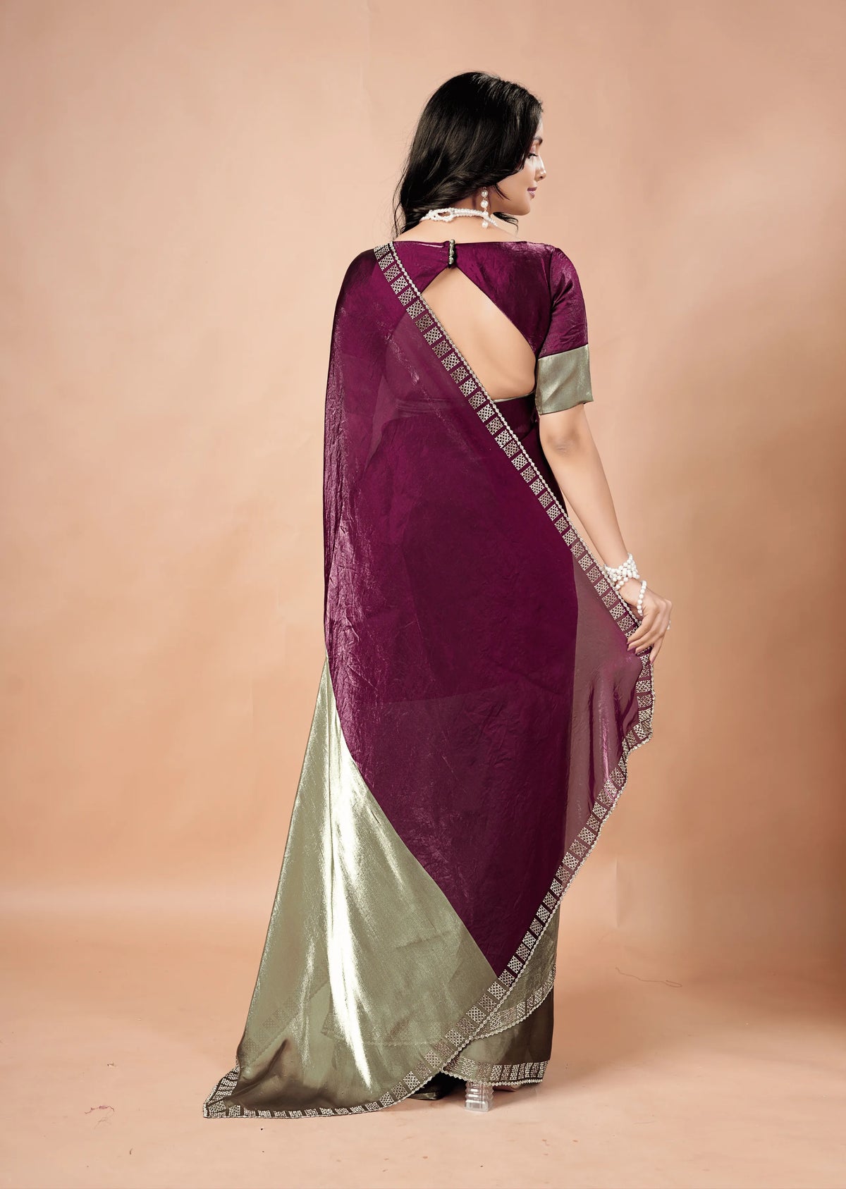 Purple Tissue Silk Saree Back Pose - Stone Border Detail