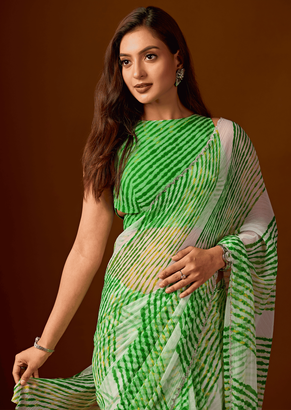 Bottle Green Chiffon Saree With Leheriya Print