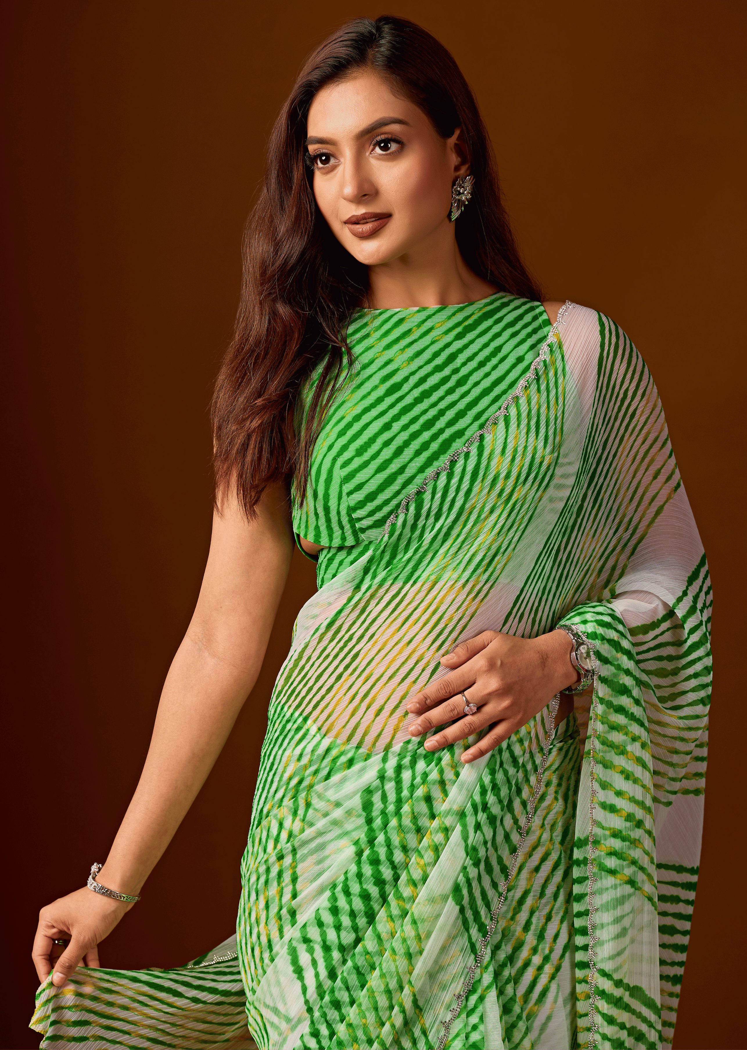 Bottle Green Chiffon Saree With Leheriya Print