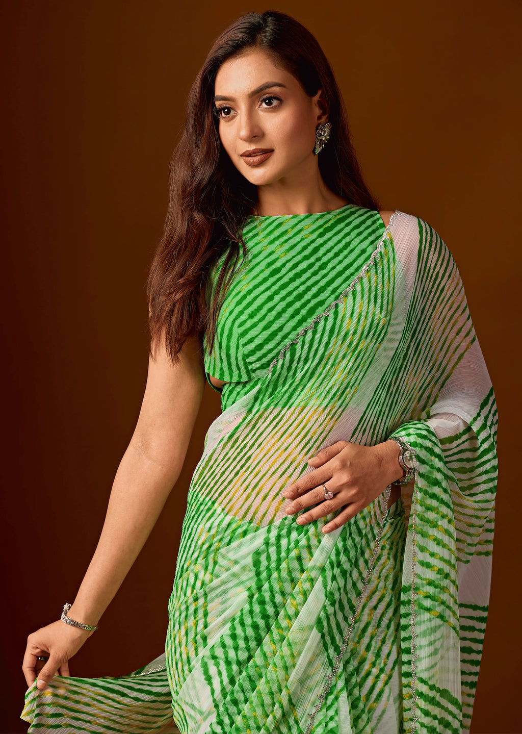 Bottle Green Chiffon Saree Close Up Pose - Traditional Wear Saree