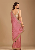 Rose Pink Tissue Silk Saree With Crystal Stone Border