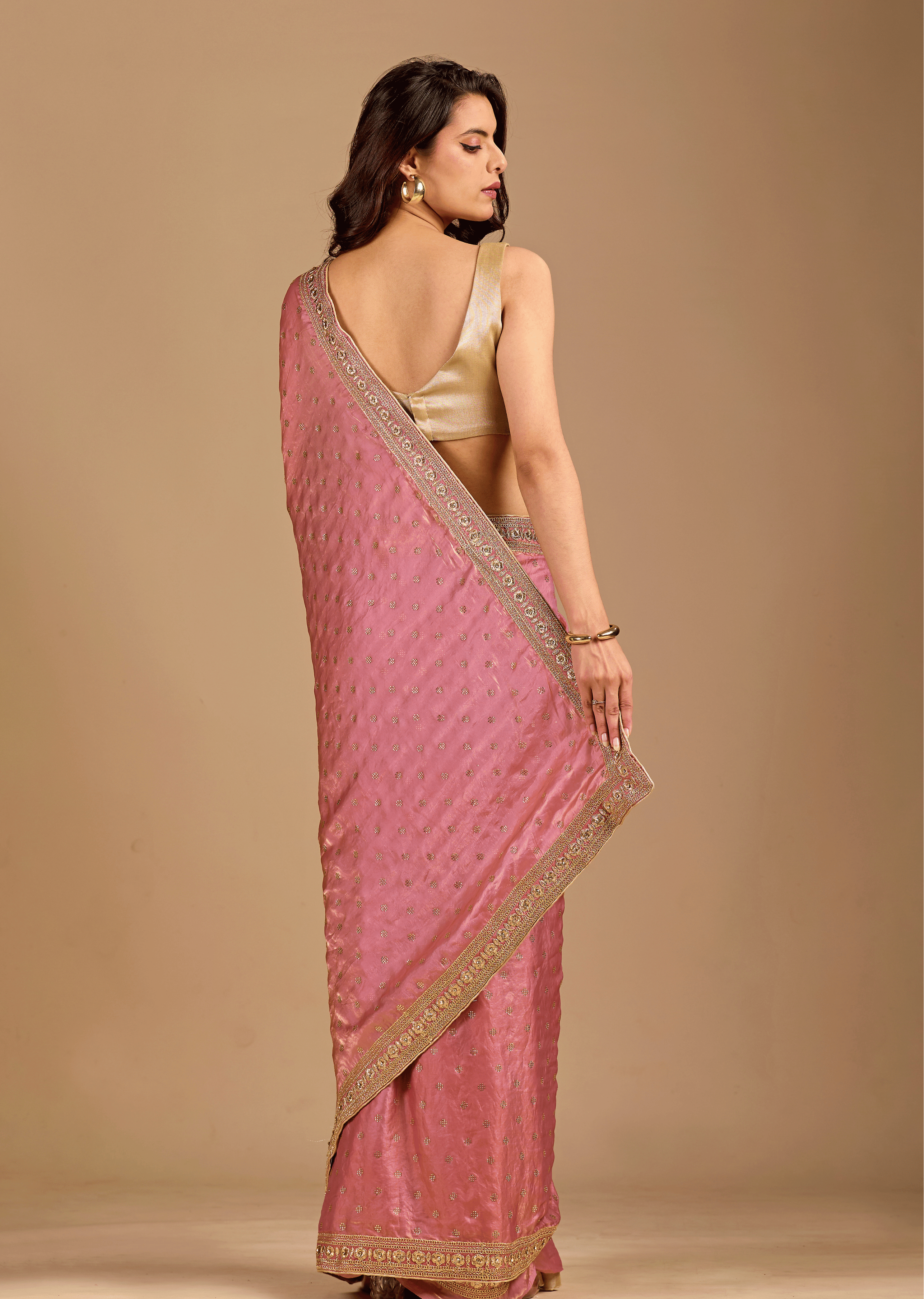 Rose Pink Tissue Silk Saree With Crystal Stone Border