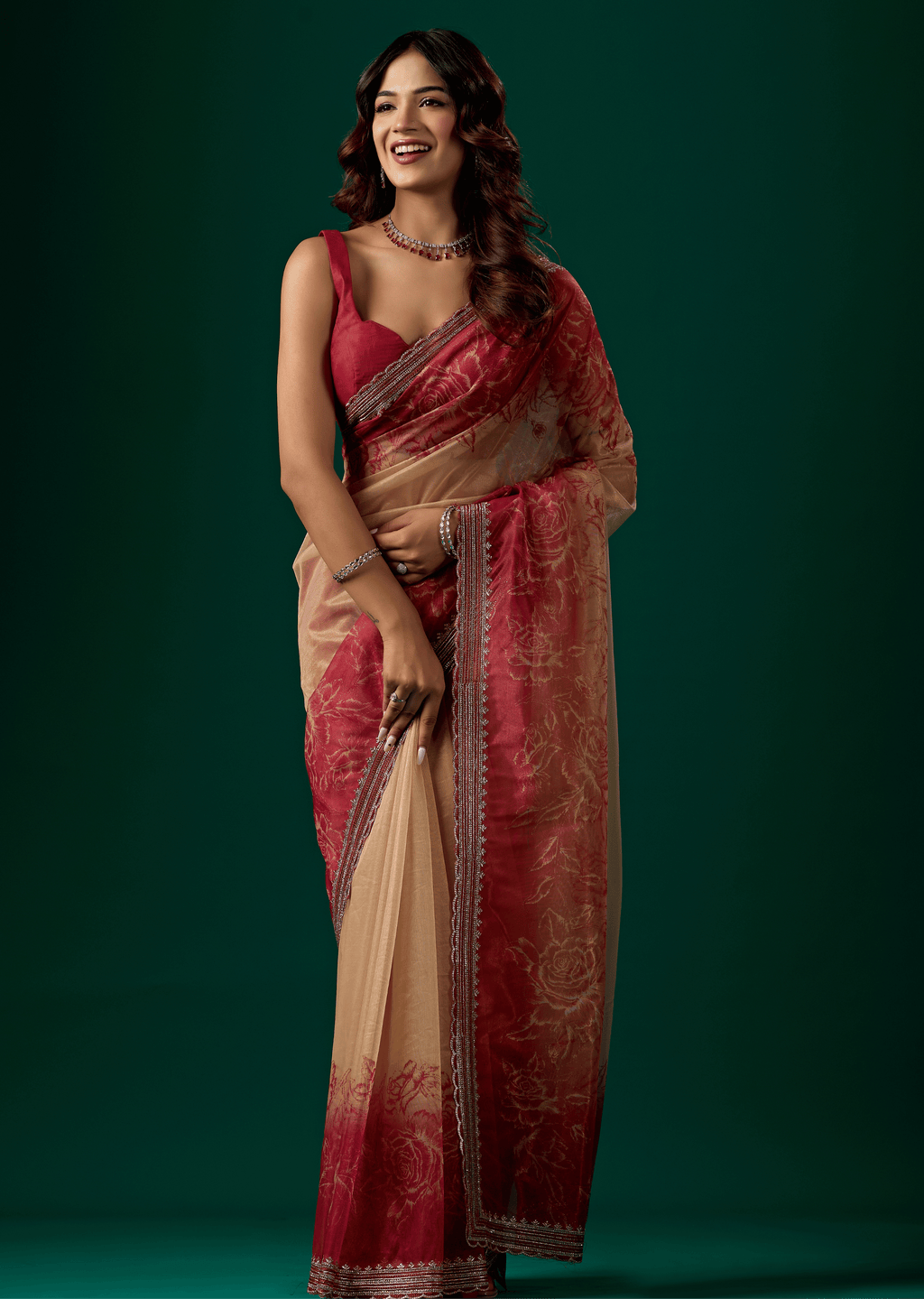 Ruby Red Organza Saree With Floral Print