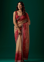 Ruby Red Organza Saree With Floral Print