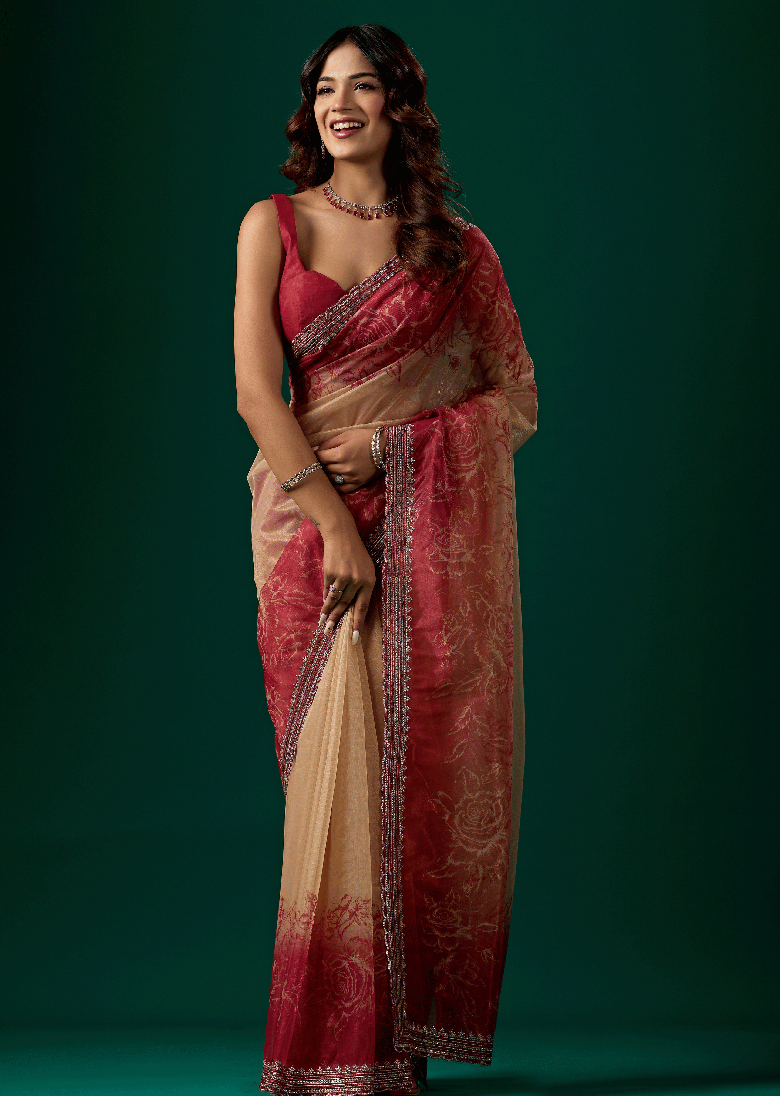 Ruby Red Organza Saree With Floral Print