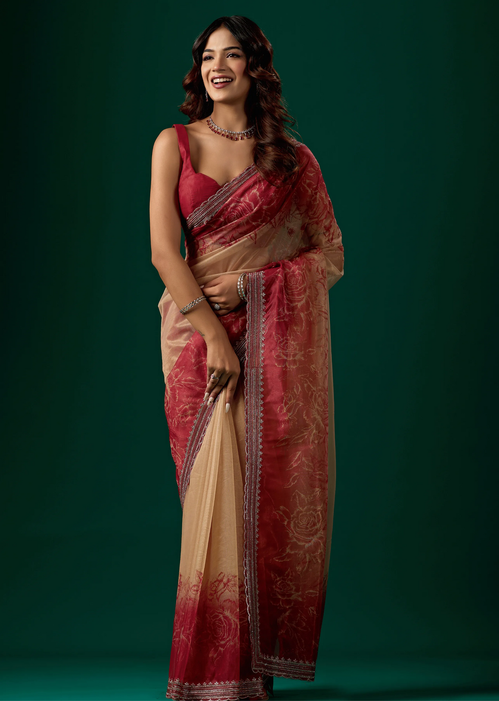  Ruby Red Organza Saree With Floral Print - Front Look | Buy On Ethnic9