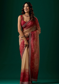  Ruby Red Organza Saree With Floral Print - Front Look | Buy On Ethnic9