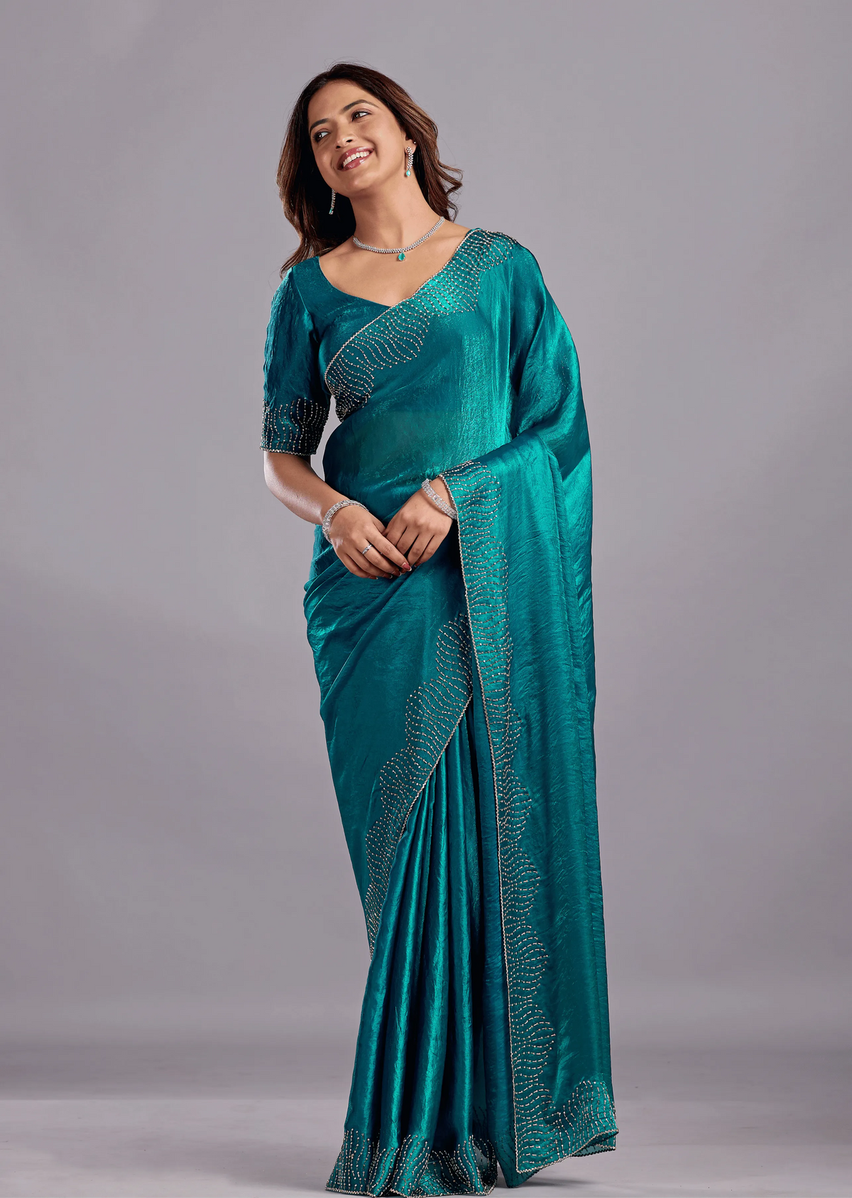 Teal Blue Tissue Silk Saree Side Pose - Wedding Wear Saree