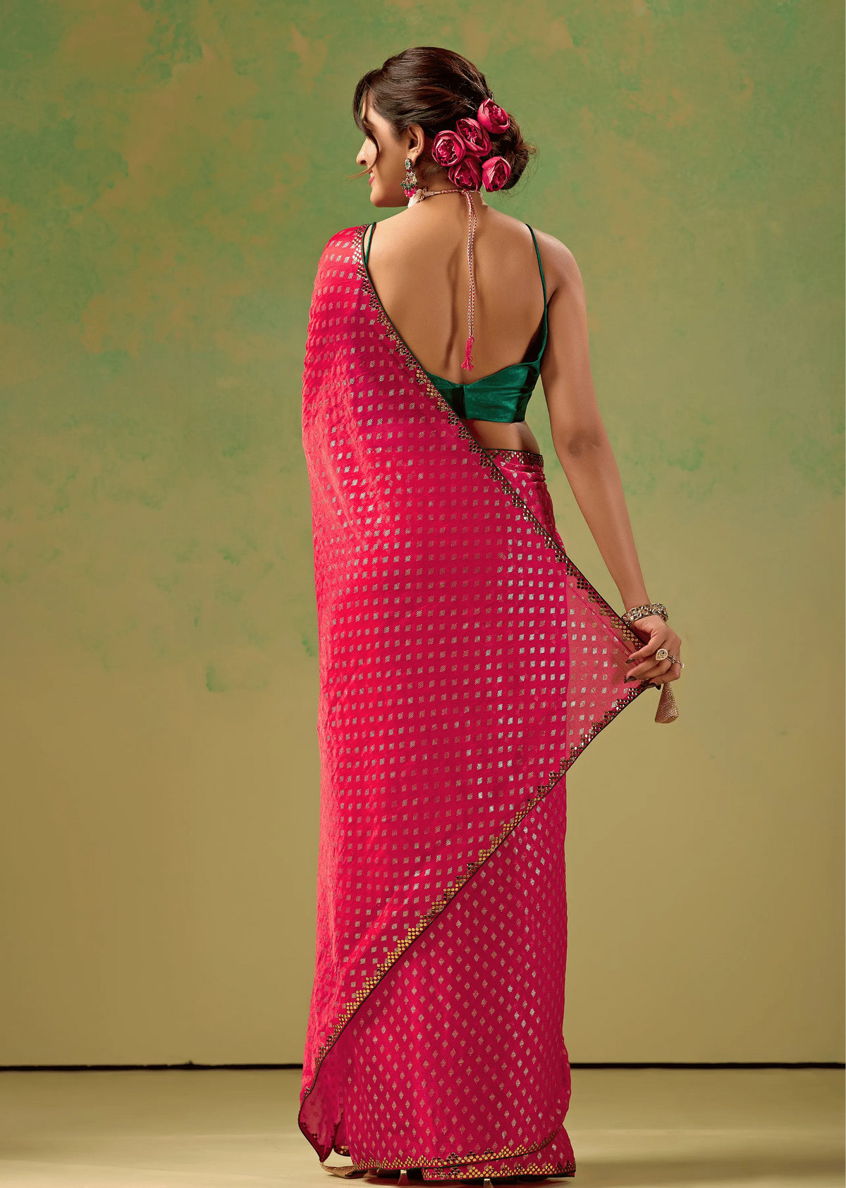 Rani Pink Tissue Silk Saree Back Pose - Foil Butti Work Detail