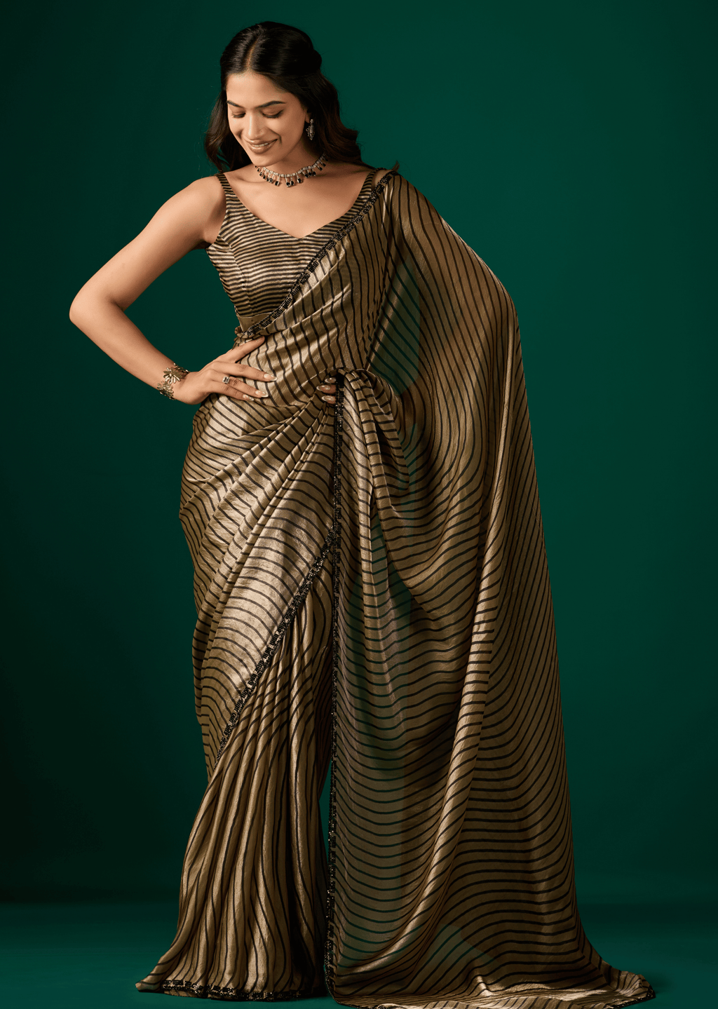 Gold Italian Silk Saree With Diamond Border Work - Front Look | Buy Online Ethnic9