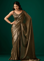 Gold Italian Silk Saree With Diamond Border Work - Front Look | Buy Online Ethnic9