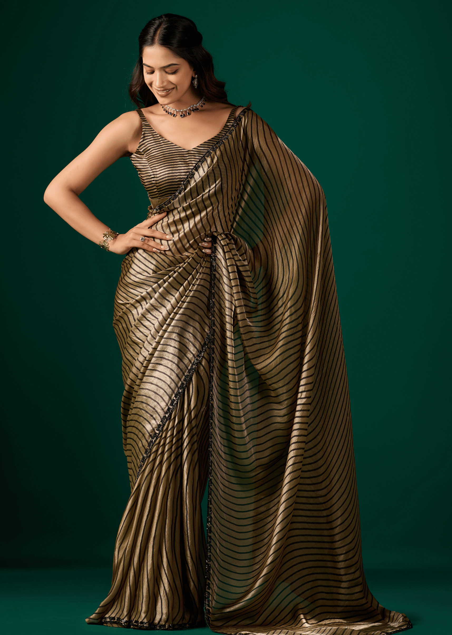 Gold Italian Silk Saree With Diamond Border Work - Front Look | Buy Online Ethnic9