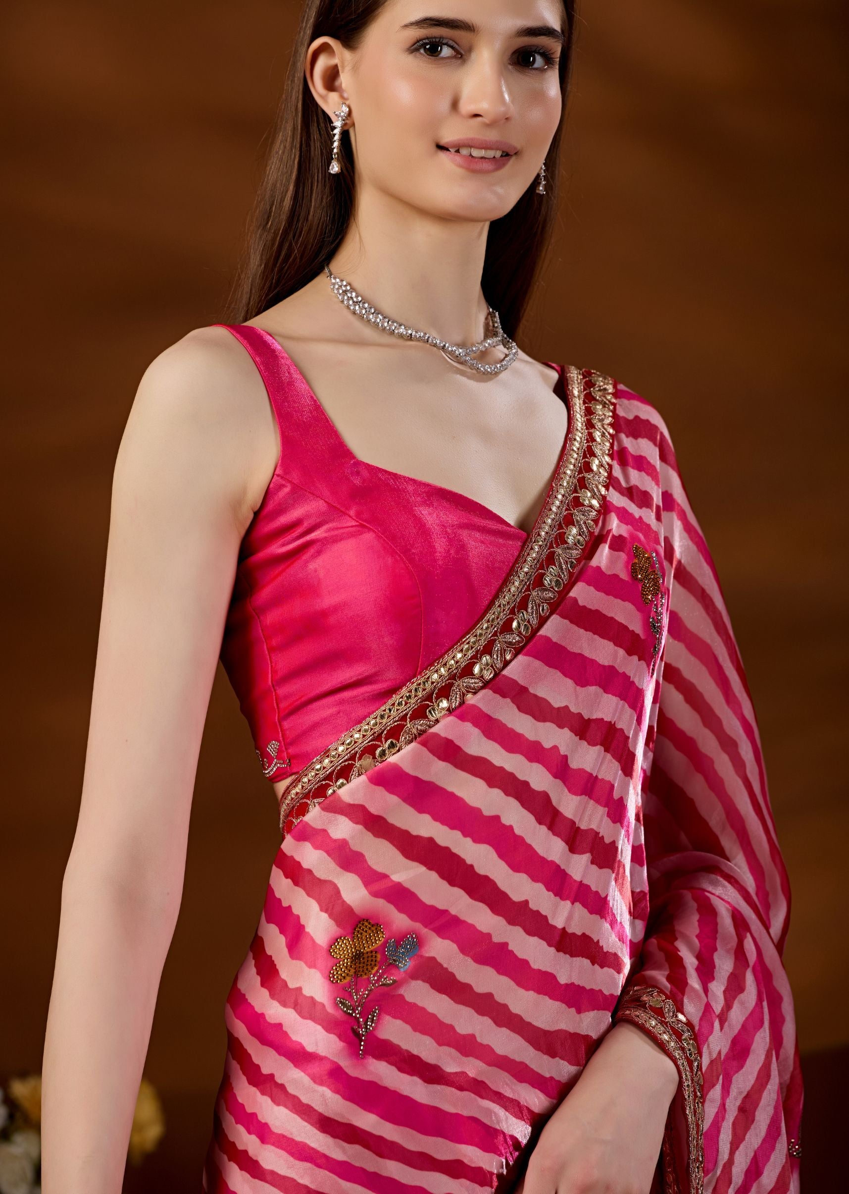 Red Pink Italian Silk Saree Styled Look - Festive Wear Saree