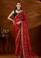 Red Art Silk Saree With Zari Elephant Motif - Front Look | Buy Online Ethnic9