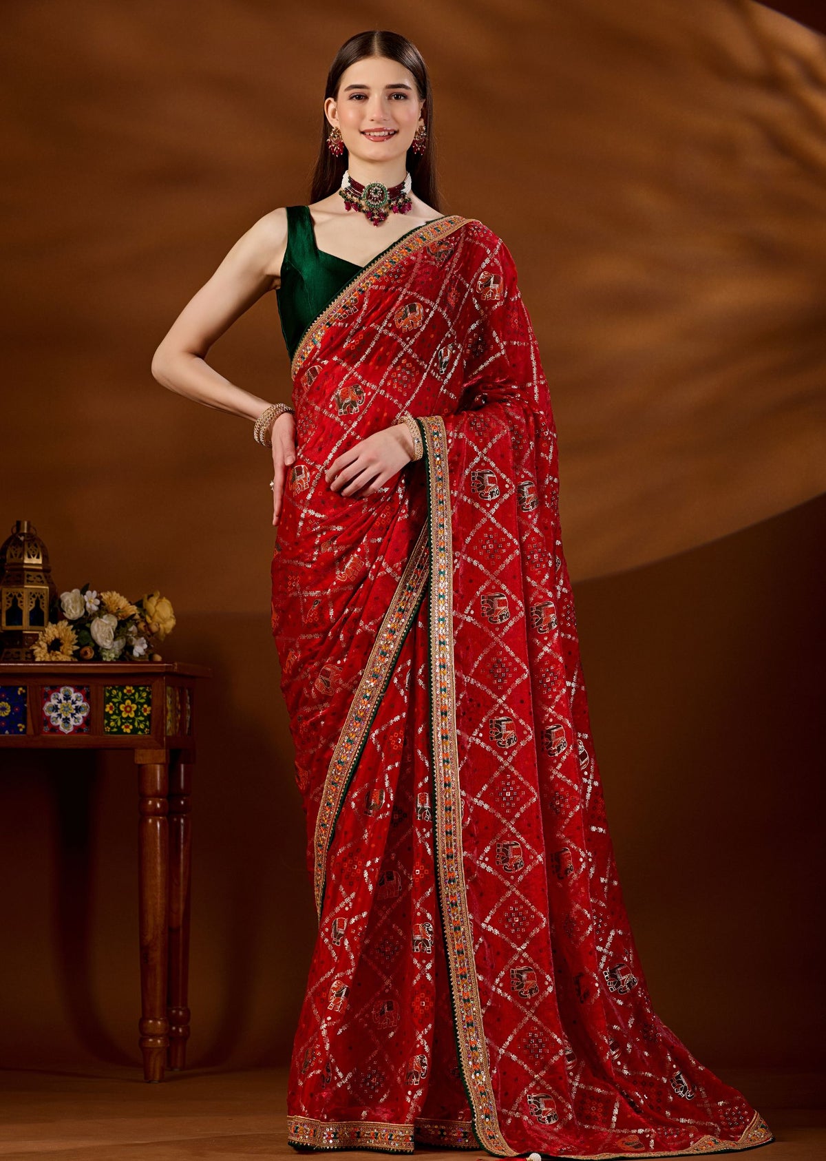 Red Art Silk Saree With Zari Elephant Motif - Front Look | Buy Online Ethnic9