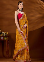 Yellow Art Silk Saree Kundan Border Close Up - Wedding Saree
