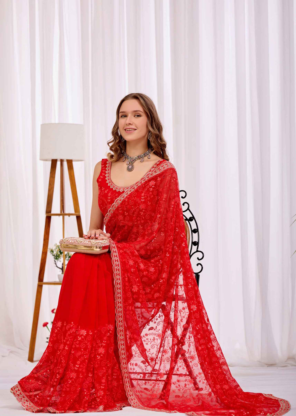 Red Chiffon Saree With Floral Embroidery And Stone Border