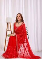 Red Chiffon Saree With Floral Embroidery And Stone Border