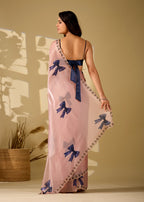 pink bow print saree back view with blouse