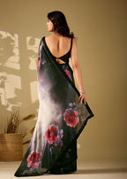 black ombre floral italian silk saree back view