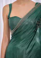 Firozi Italian Silk Saree With Diamond Pattern Border And Bead Motifs