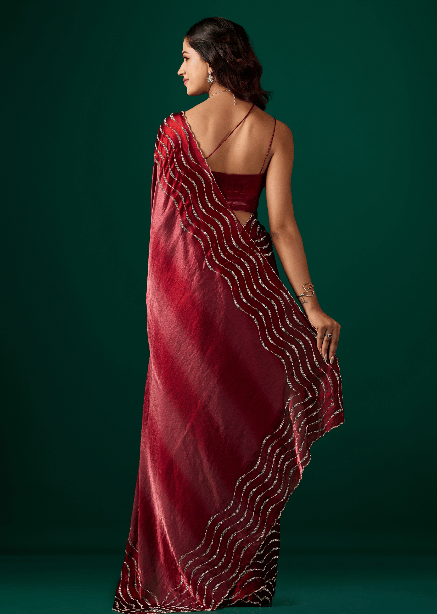 Wine Silk Saree Pallu Draped Look - Diamond Work Detail

