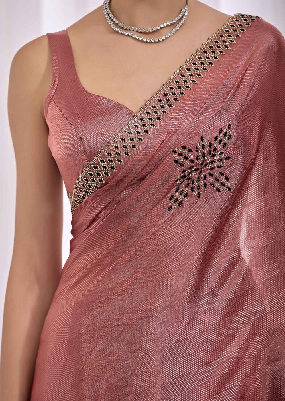 Pink Italian Silk Saree With Diamond Pattern Border And Bead Motifs