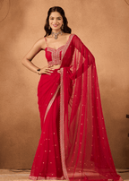 Red Chiffon Saree With Sequin Embroidery - Front Look | Buy Online Ethnic9