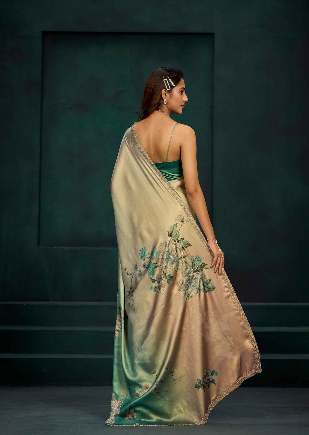 Green Ombre White Floral Printed Satin Silk Saree With Embellished Border