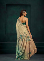 Green Ombre White Floral Printed Satin Silk Saree With Embellished Border