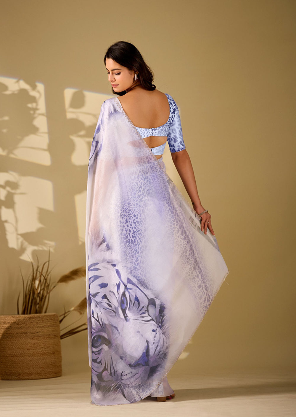 blue tiger print italian silk saree back view with pallu