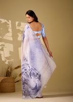 blue tiger print italian silk saree back view with pallu