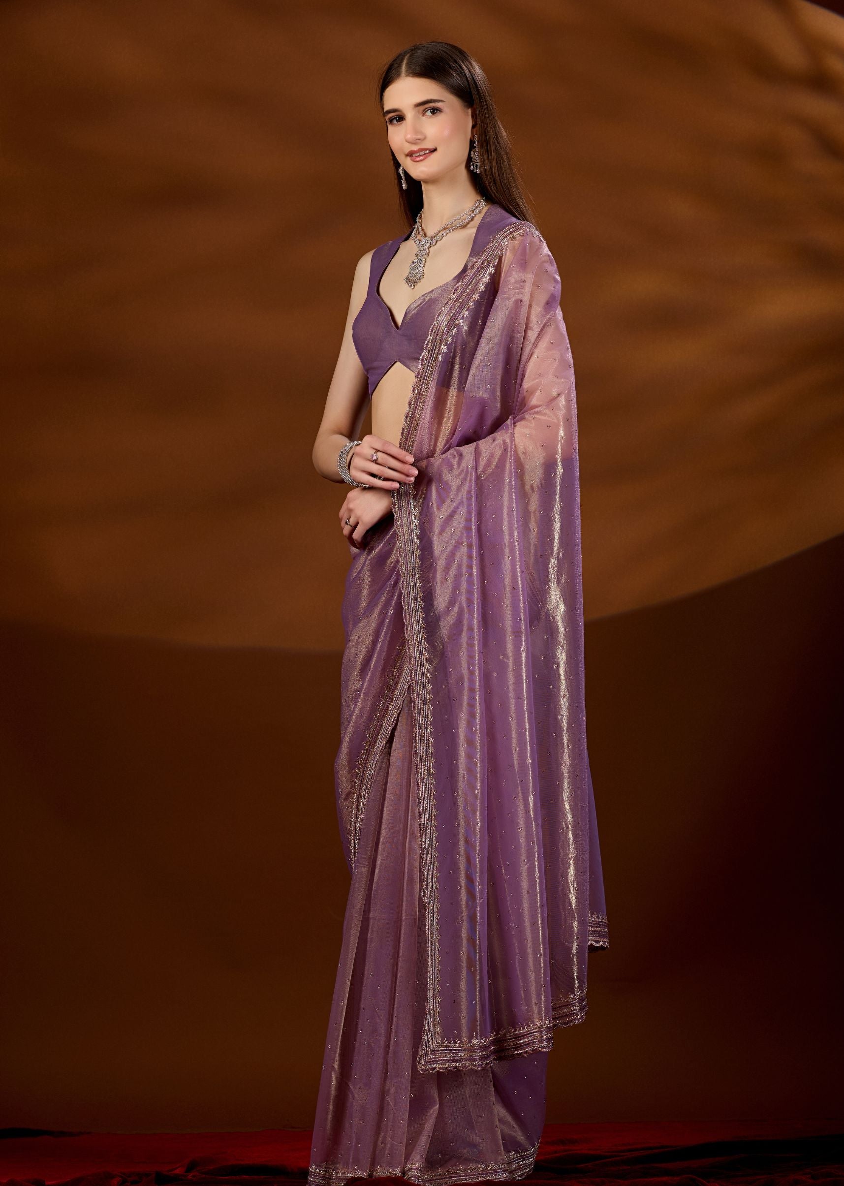 Purple Tissue Saree With Matching Blouse - Party Wear Look