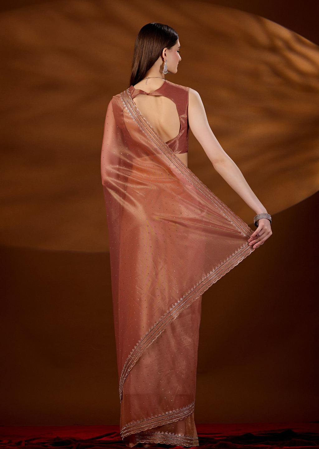 Peach Orange Tissue Saree Draped Look - Scalloped Zari Border Detail
