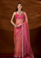 Pink Tissue Saree With Scalloped Zari Border - Front Look | Buy Online Ethnic9