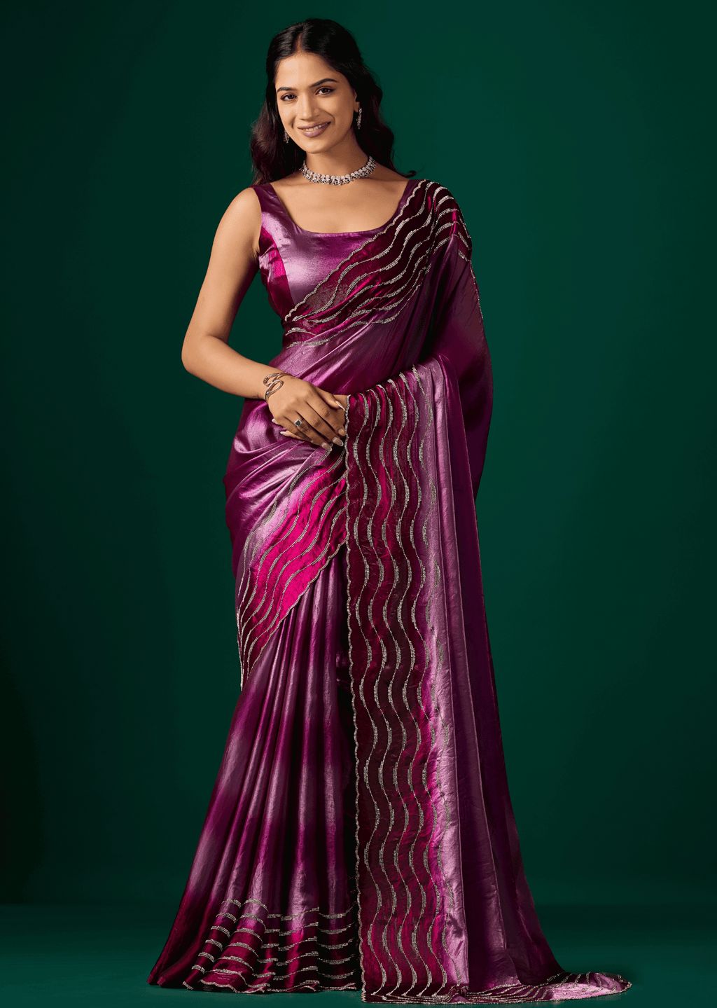 Purple Italian Silk Saree With Wavy Diamond Work - Front Look | Buy Online Ethnic9