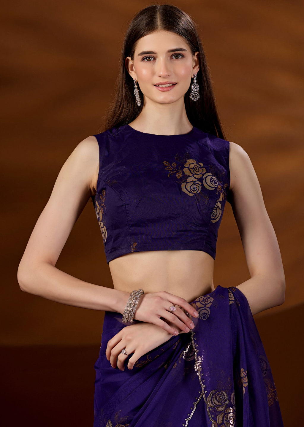 Purple Organza Saree With Matching Blouse - Sequin Floral Design