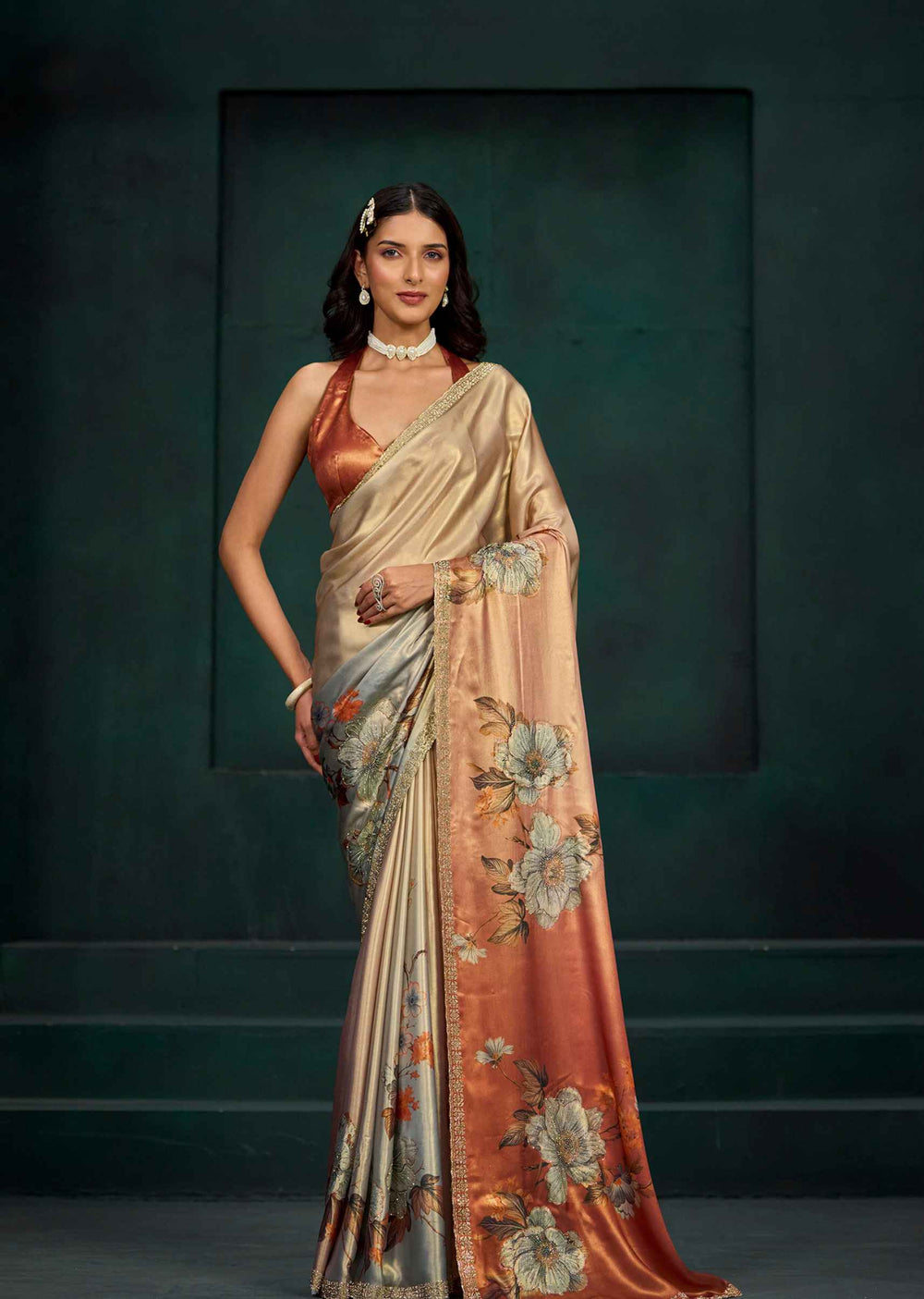 Orange Ombre Floral Printed Satin Silk Saree With Embellished Border