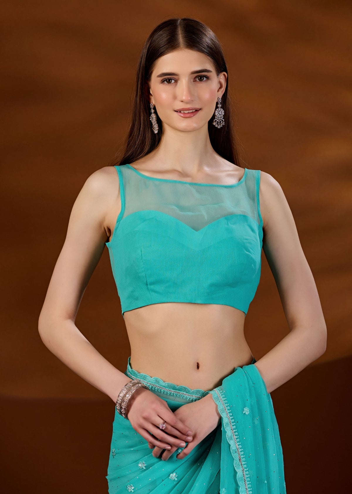 Firozi Chiffon Saree With Matching Blouse - Day Event Look
